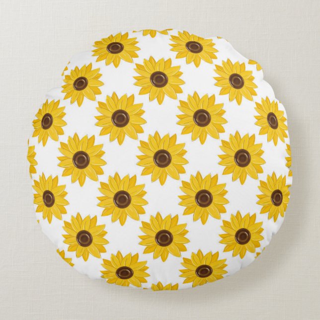 Golden Sunflowers Grid Pattern Round Pillow (Front)