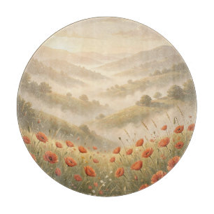 Golden Sunrise Poppy Field Misty Rolling Hills  Cutting Board