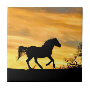 Golden Sunrise Running Horse Art Tile