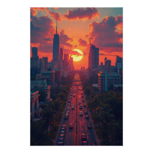 Golden Sunset Avenue – Urban Skyline Poster