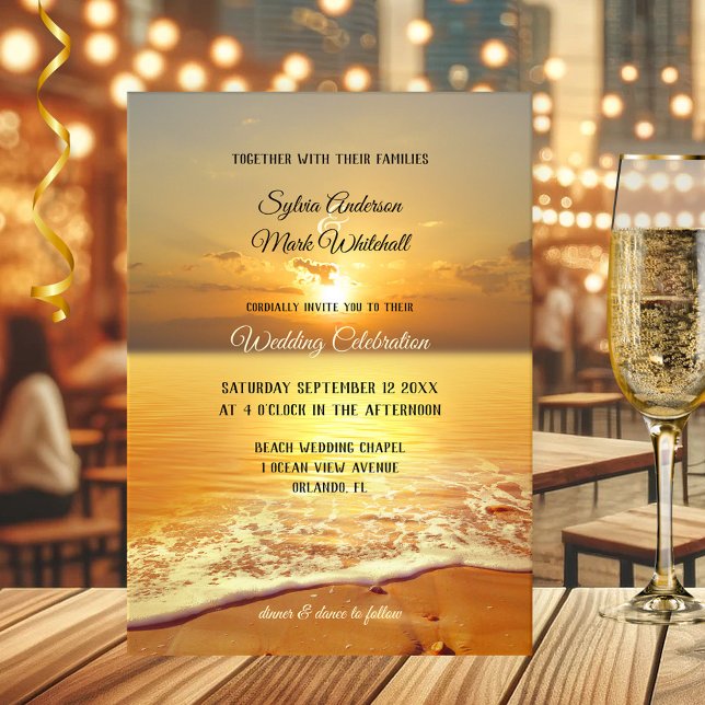 Golden Sunset Beach Wedding Invitation (Beach or destination wedding invitation featuring a painting of a sunset on the beach)