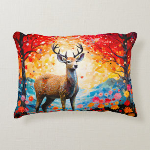 Golden Sunset Floral Fall Forest Deer Accent Pillow