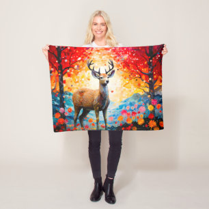 Golden Sunset Floral Fall Forest Deer Fleece Blanket