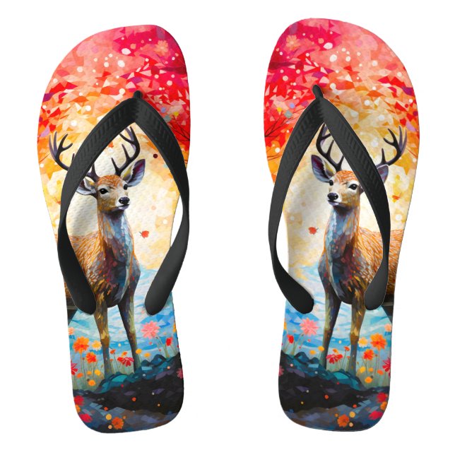 Golden Sunset Floral Fall Forest Deer Flip Flops (Footbed)
