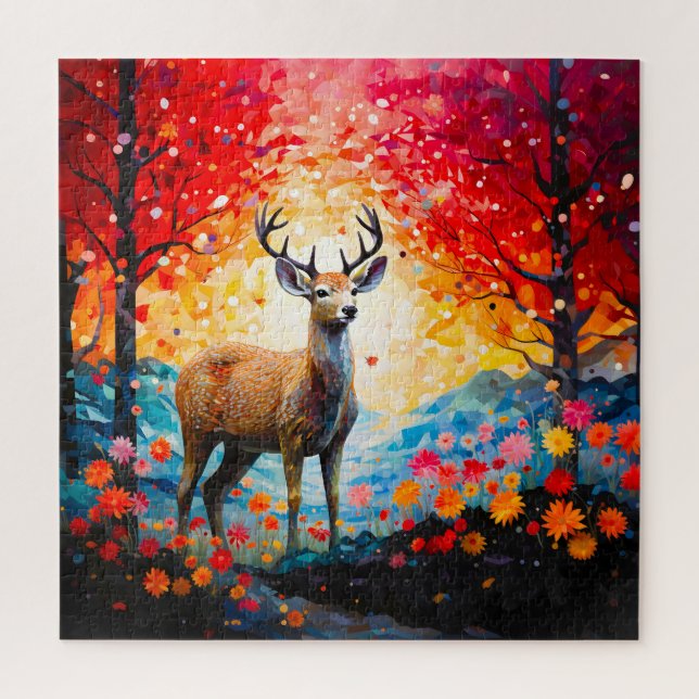 Golden Sunset Floral Fall Forest Deer Jigsaw Puzzle (Vertical)