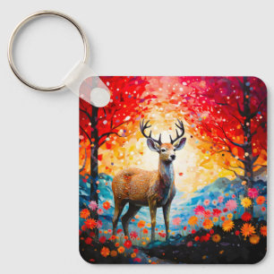 Golden Sunset Floral Fall Forest Deer Keychain