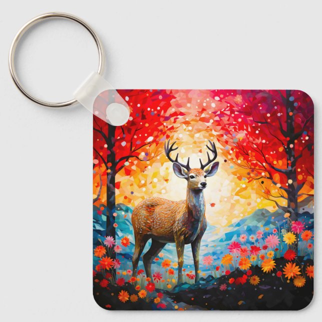 Golden Sunset Floral Fall Forest Deer Keychain (Front)