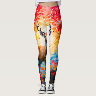 Golden Sunset Floral Fall Forest Deer Leggings