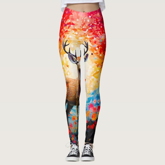 Golden Sunset Floral Fall Forest Deer Leggings (Front)