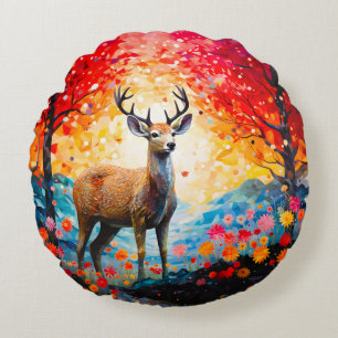 Golden Sunset Floral Fall Forest Deer Round Pillow