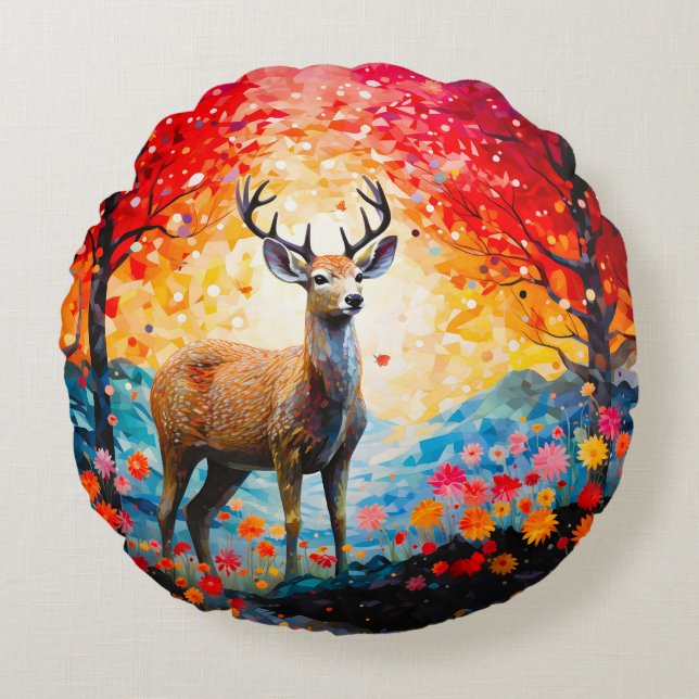 Golden Sunset Floral Fall Forest Deer Round Pillow (Front)
