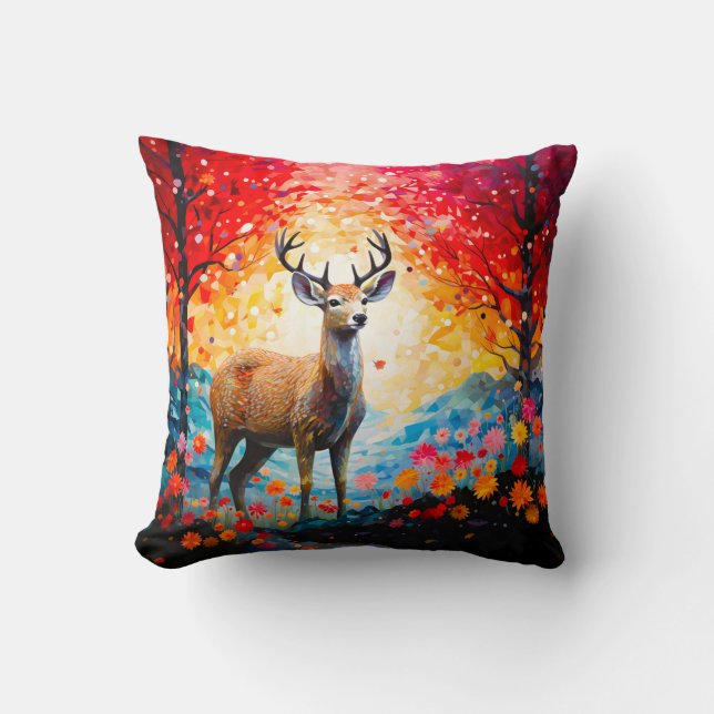 Golden Sunset Floral Fall Forest Deer Throw Pillow (Front)
