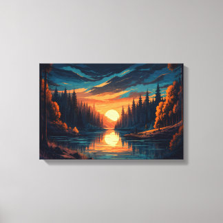 Golden Sunset Forest River Canvas Wall Art