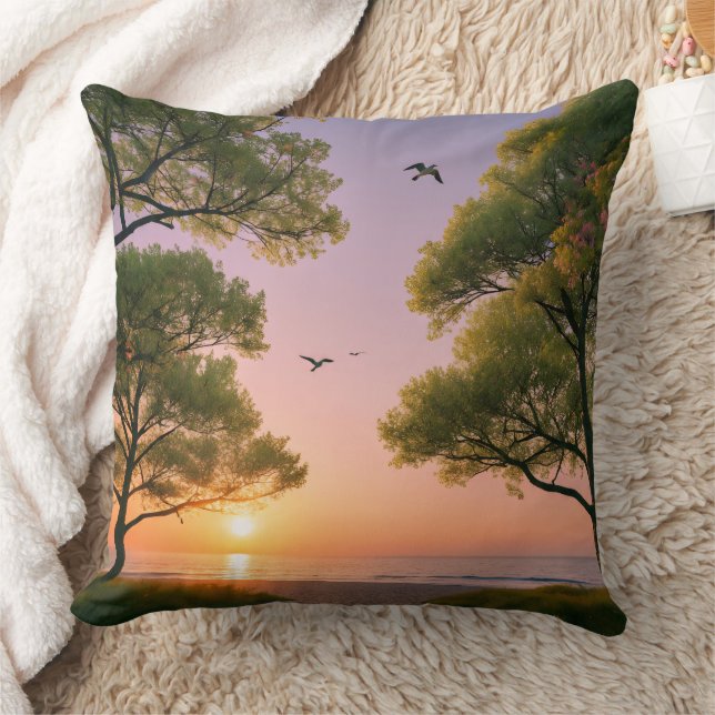 Golden Sunset Ocean Beach Landscape with Trees  Throw Pillow (Blanket)