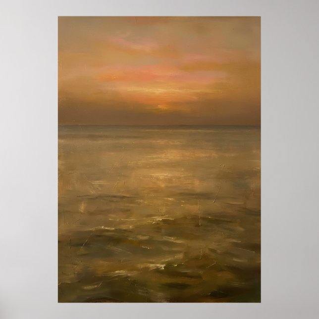 Golden Sunset Ocean Seascape Impressionist Oil Pai Poster (Front)