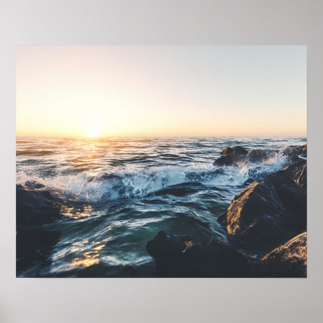 Golden Sunset Ocean Waves on Rocks Serene Seascape Poster (Front)