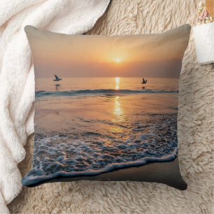 Golden Sunset Ocean Waves with Birds Throw Pillow