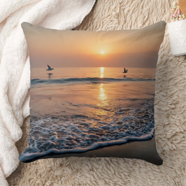 Golden Sunset Ocean Waves with Birds Throw Pillow (Blanket)