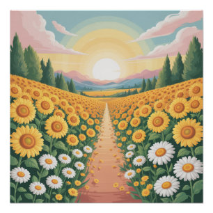 Golden Sunset Over a Serene Sunflower Field Poster