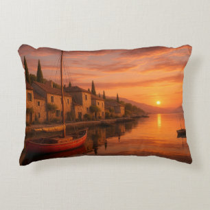 Golden Sunset Over Coastal Village Accent Pillow