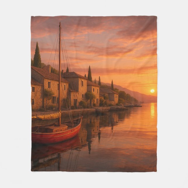 Golden Sunset Over Coastal Village Fleece Blanket (Front)