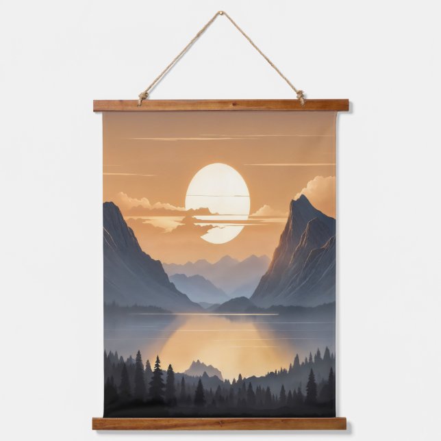 Golden Sunset Over Majestic Mountain Landscape Art Hanging Tapestry (Front)
