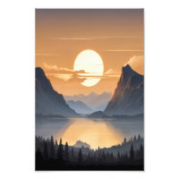Golden Sunset Over Majestic Mountain Landscape Art