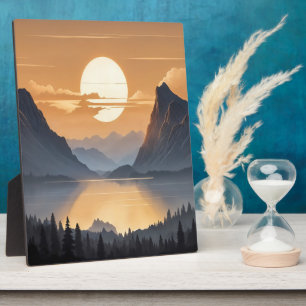 Golden Sunset Over Majestic Mountain Landscape Art Plaque