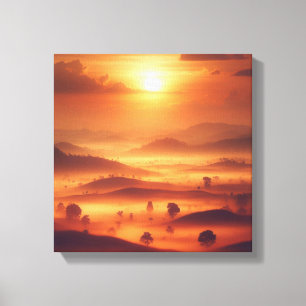 Golden Sunset Over Misty Hills Vintage Canvas Print