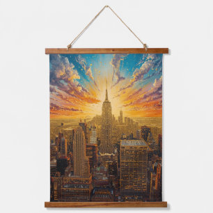 Golden Sunset Over New York City Skyline Hanging Tapestry