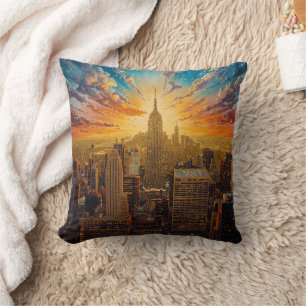 Golden Sunset Over New York City Skyline Throw Pillow
