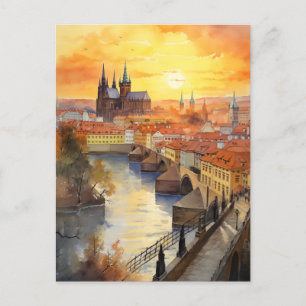 Golden Sunset Over Prague Holiday Postcard