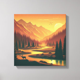 Golden Sunset Over Vintage Mountain Valley Canvas Print
