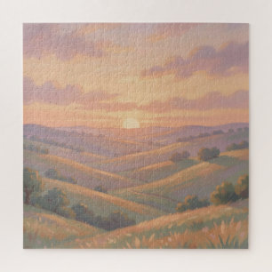 Golden Sunset Rolling Hills Pastel Landscape  Jigsaw Puzzle
