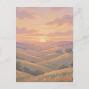Golden Sunset Rolling Hills Pastel Landscape Postcard