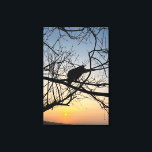 Golden Sunset Silhouette: Bird on Tree Branches Canvas Print<br><div class="desc">Capture the serene beauty of twilight with this stunning silhouette photograph. A lone bird rests among the intricate web of bare tree branches, set against a vibrant golden and blue sunset sky. The high contrast and natural geometry create a peaceful, artistic atmosphere that complements any modern decor. This design is...</div>