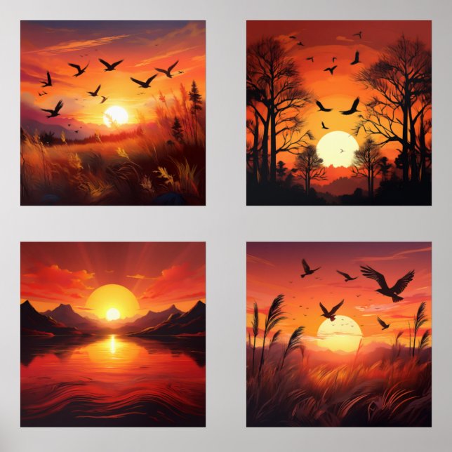 Golden Sunset Silhouettes Set of 4 – Nature Art (Front)