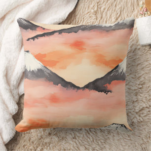 Golden Sunset Snow Mountain Watercolor Landscape Throw Pillow