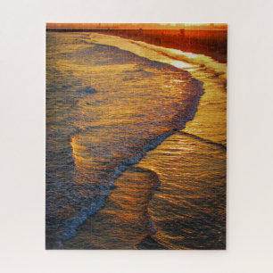 Golden Sunset Waves on the Beach Coastal Photo Jigsaw Puzzle