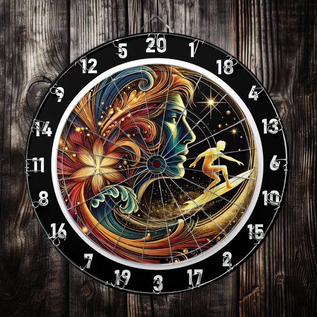 Golden Surfer Riding Sunset Wave Art Dartboard (Creator Uploaded)