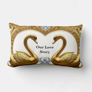 Golden Swan Pair Facing Each Other Diamond Heart Lumbar Pillow