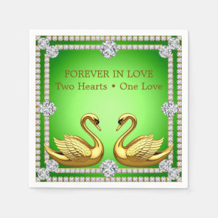 Golden Swan Pair Sparkling Diamond Frame Green  Napkin