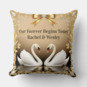 🦢 Golden Swan Wedding Home Romance Throw Pillow