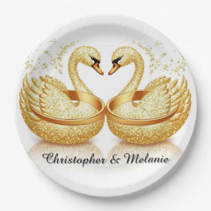 Golden Swans Embracing in Elegant Artistic Display Paper Plate