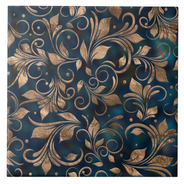Golden Swirl Branches Ocean Deep Tile (Front)