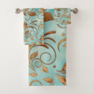 Golden Swirl Branches on light Teal Bath Towel Set