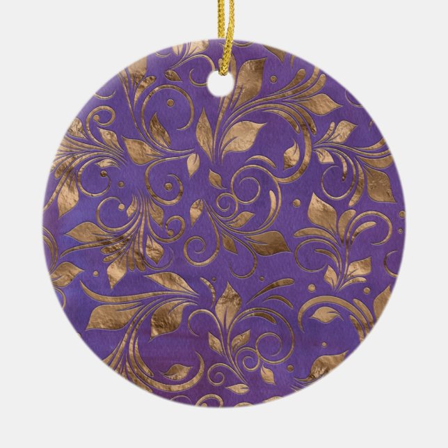 Golden Swirl Branches on purple Ceramic Ornament (Front)
