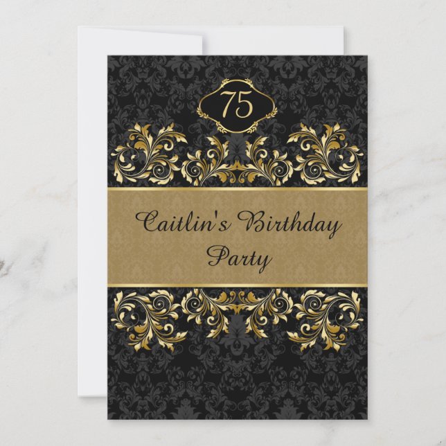 Golden swirls, black damask 75th Birthday Party Invitation (Front)