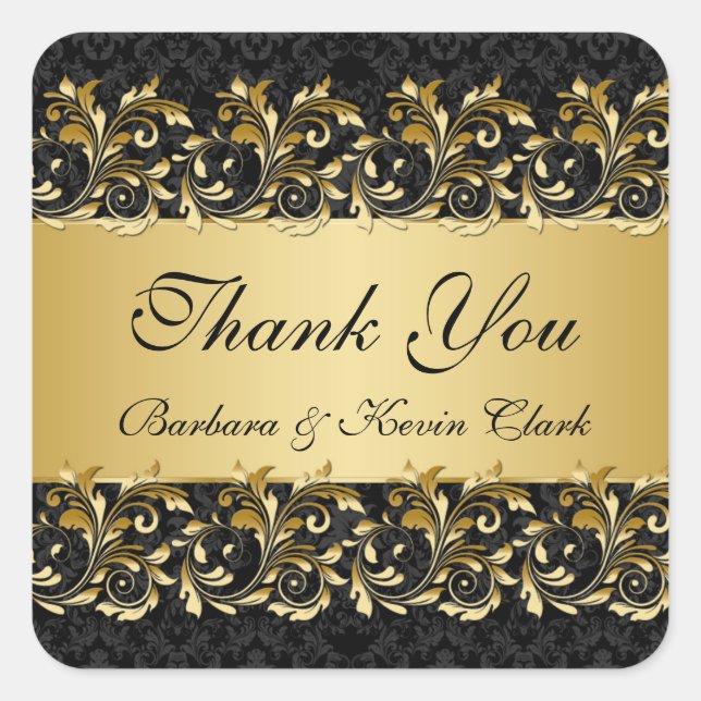 Golden swirls, damask Wedding Thank You Sticker (Front)