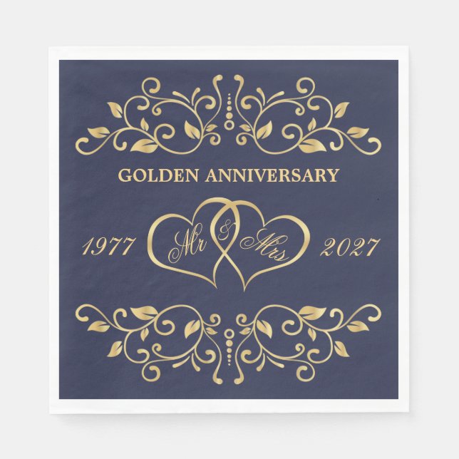 Golden swirls, hearts 50th Wedding Anniversary Napkin (Front)